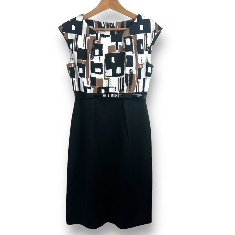 Connected Apparel Womens 8 Belted Sheath Dress Black Brown Buisness Professional